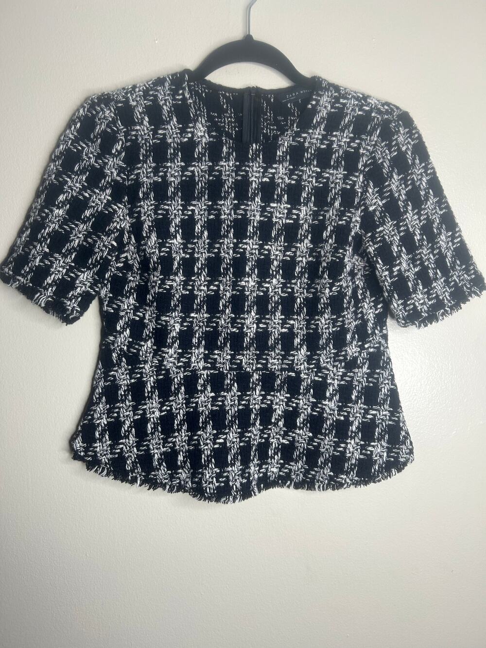 Zara Woman Tweed Peplum Black & White Check Houndstooth 1/2 Sleeve Size XS